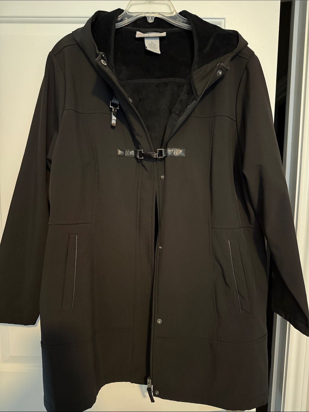 Free Country Black Hooded Trench Coat with Buckle Accent